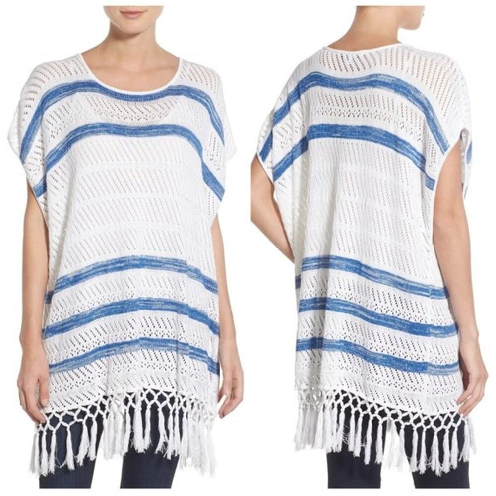 Cupcakes & Cashmere Pura Vida Top Womens S White Striped Open Knit Fringe Boho - Picture 2 of 9